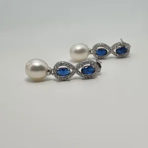 Blue Crystal Infinity & Freshwater Pearl Earrings, Sterling Silver