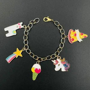 Brass Enamel Multicolour Pink Gold Pizza Ice Cream Unicorn Charms Bracelet For Women Girls