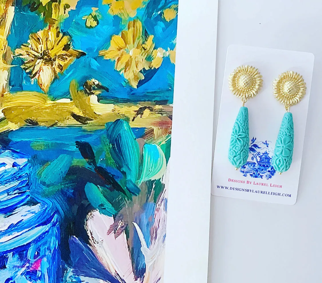 Carved Teardrop Sunflower Earrings