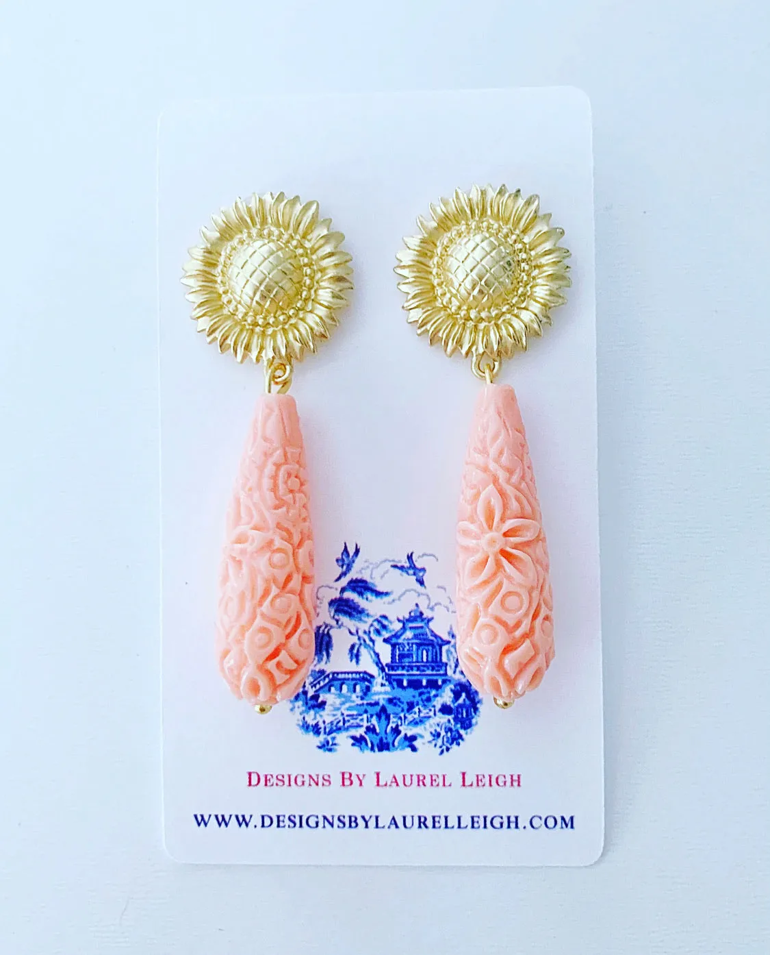 Carved Teardrop Sunflower Earrings