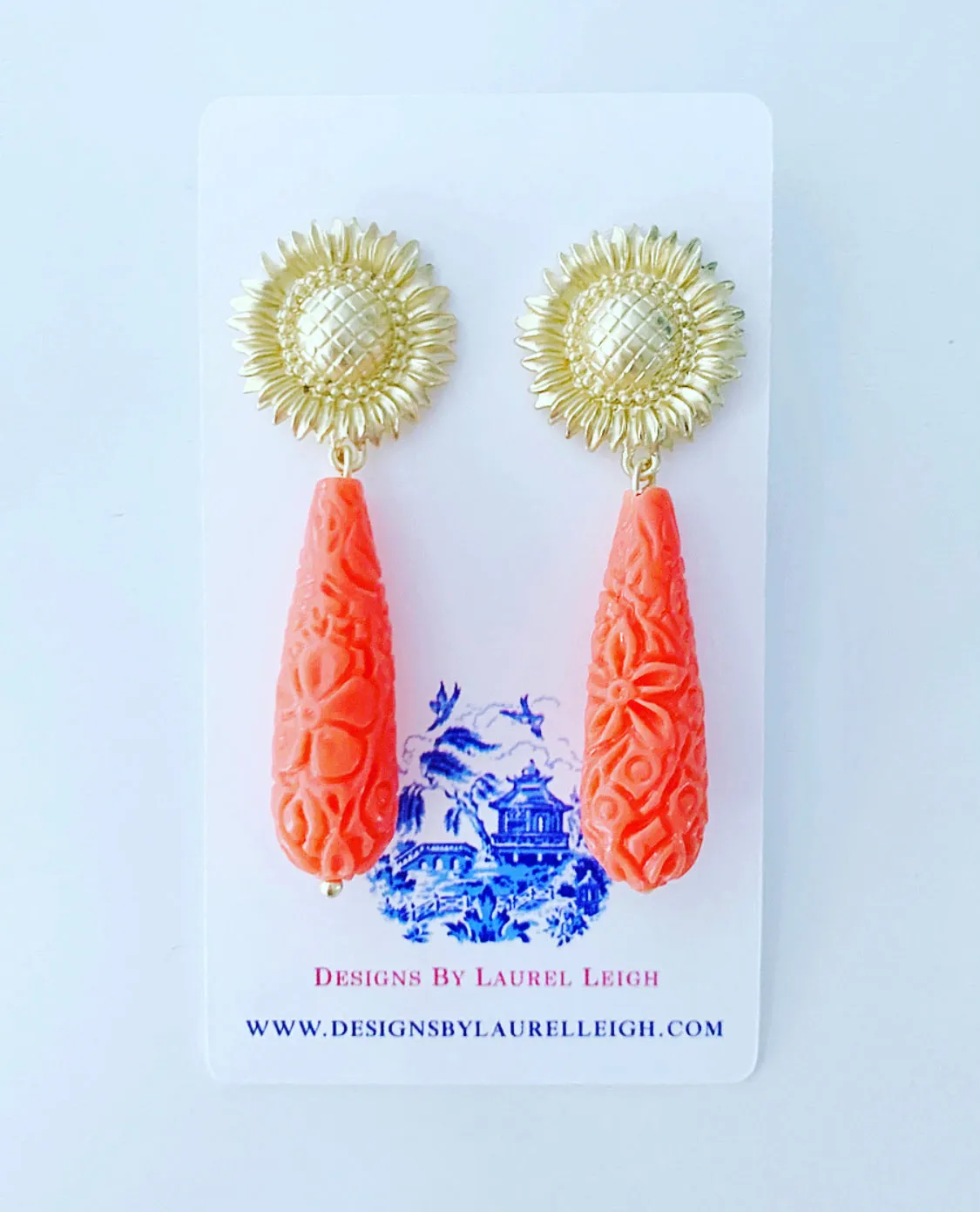 Carved Teardrop Sunflower Earrings