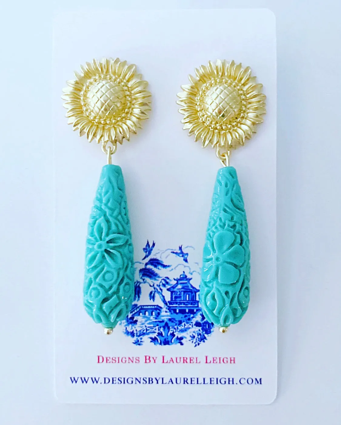 Carved Teardrop Sunflower Earrings