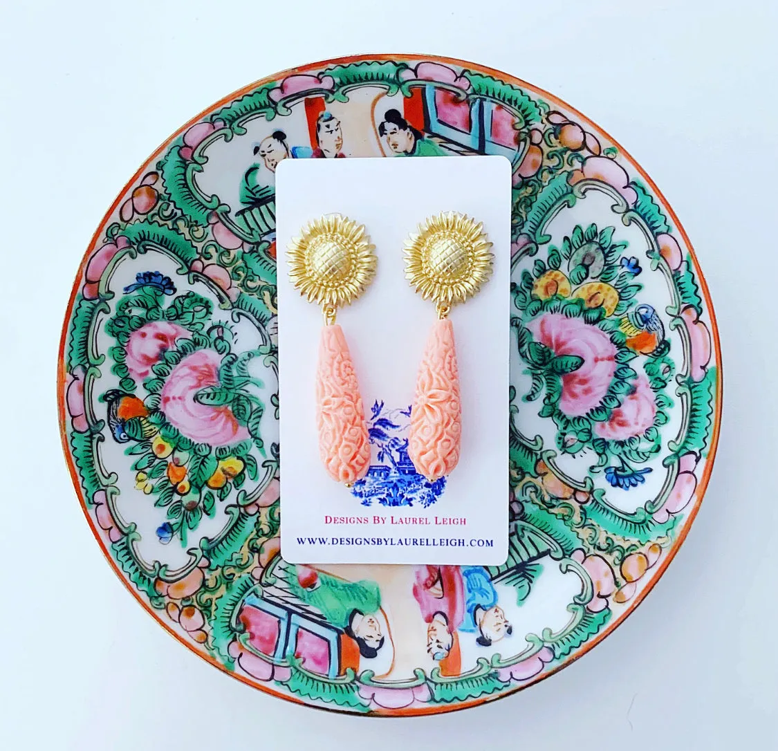 Carved Teardrop Sunflower Earrings