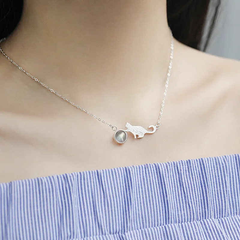 Cat Moonstone Silver Chain Necklace