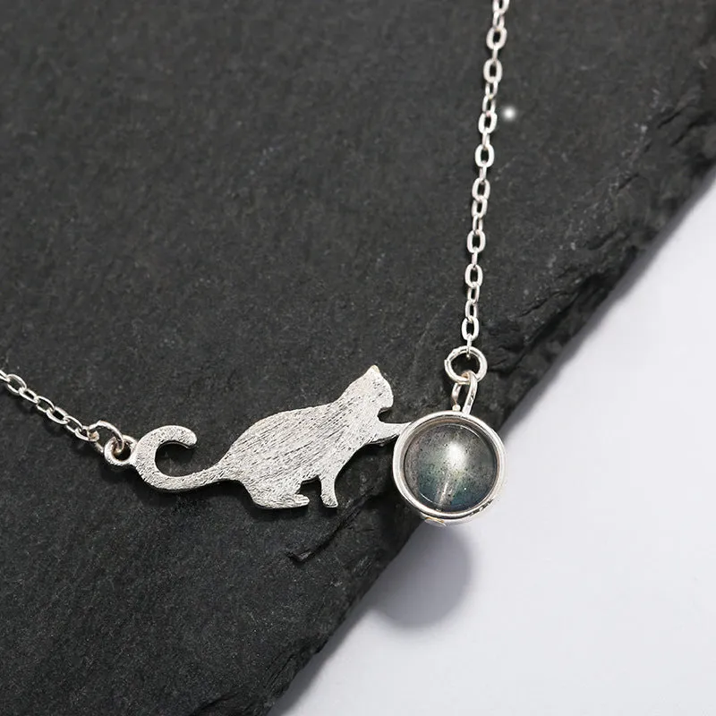 Cat Moonstone Silver Chain Necklace