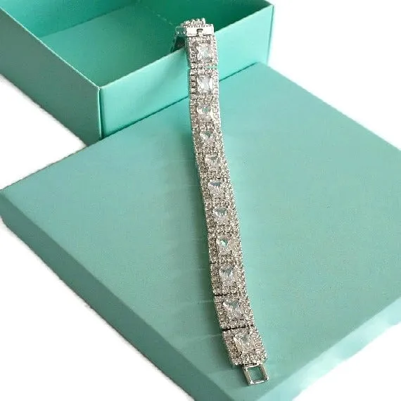 Classic Princess Cut Rectangle Bridal Bracelet, CZ Crystal Wedding Bracelet, Baguette Tennis Link Bracelet, Geometric Bridal Jewelry