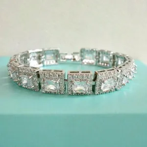 Classic Princess Cut Rectangle Bridal Bracelet, CZ Crystal Wedding Bracelet, Baguette Tennis Link Bracelet, Geometric Bridal Jewelry