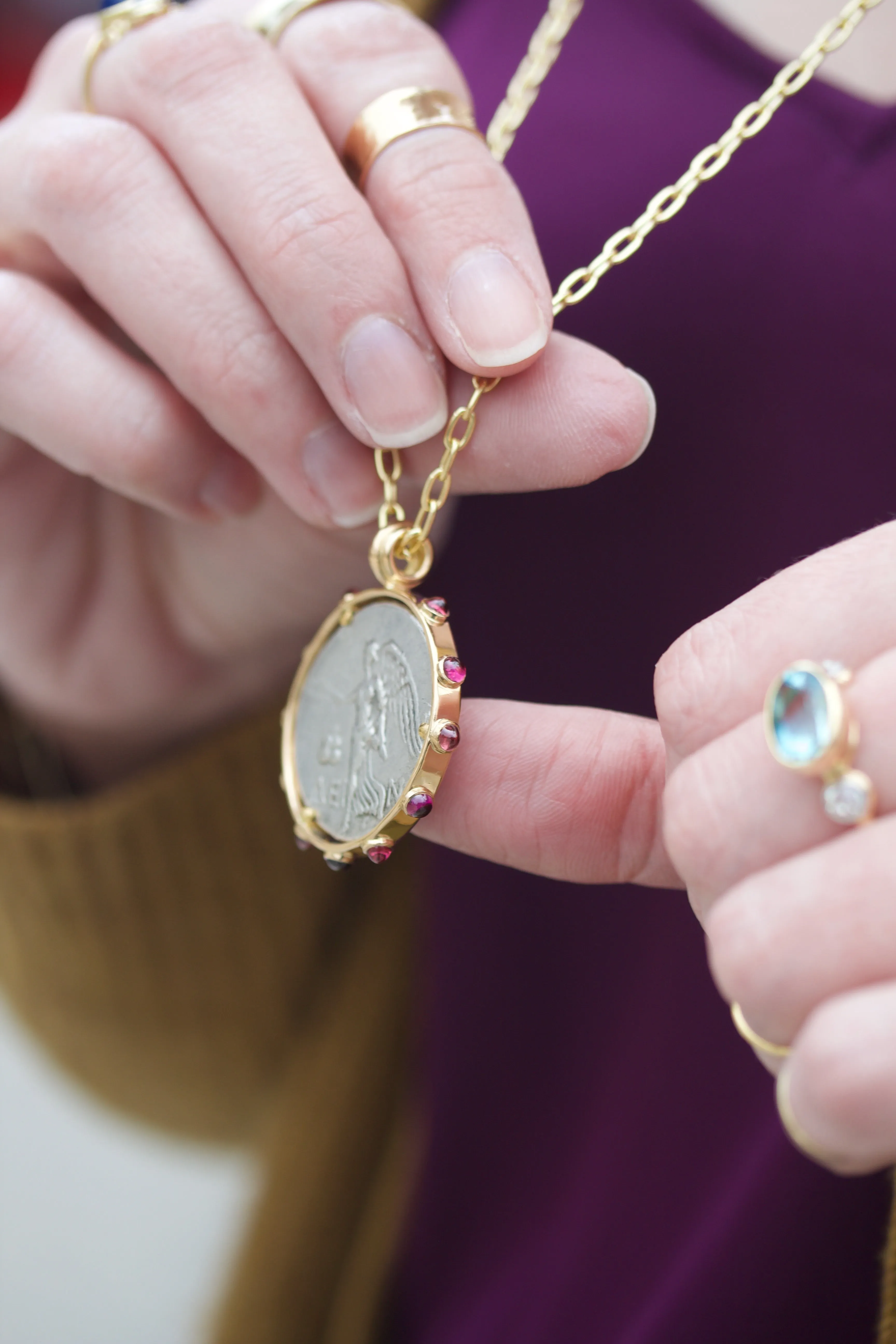 Coin Pendant with Garnet Bejeweled Surround