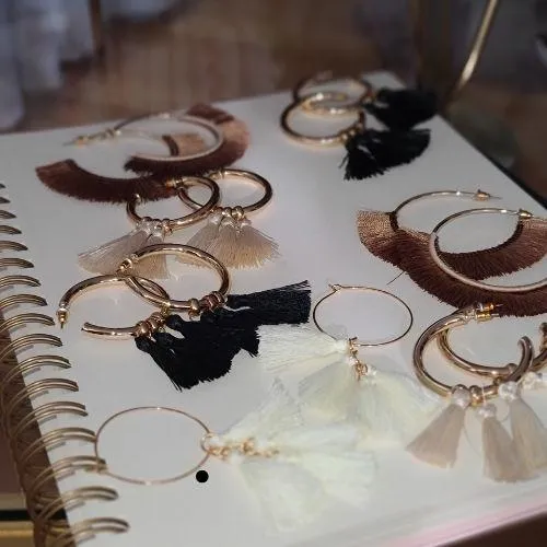Cream / Wheat Hoop Fringe Earrings
