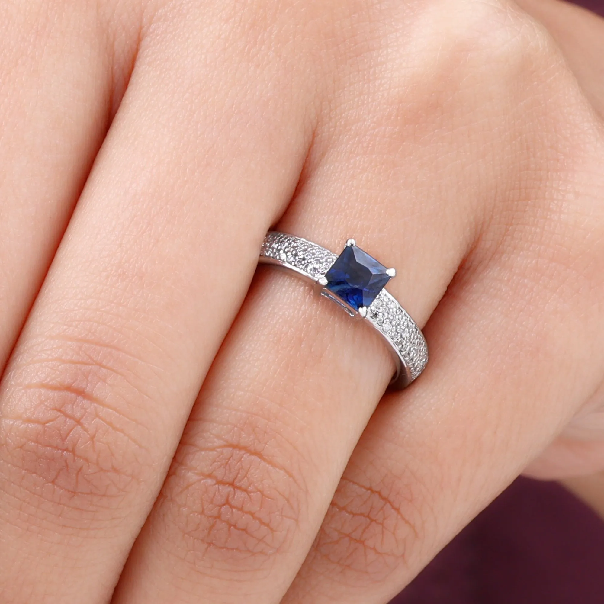 Created Blue Sapphire Solitaire Engagement Ring with Diamond