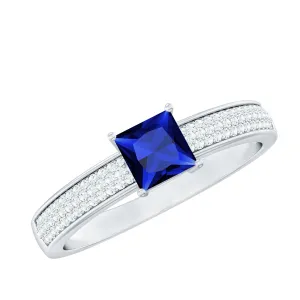 Created Blue Sapphire Solitaire Engagement Ring with Diamond