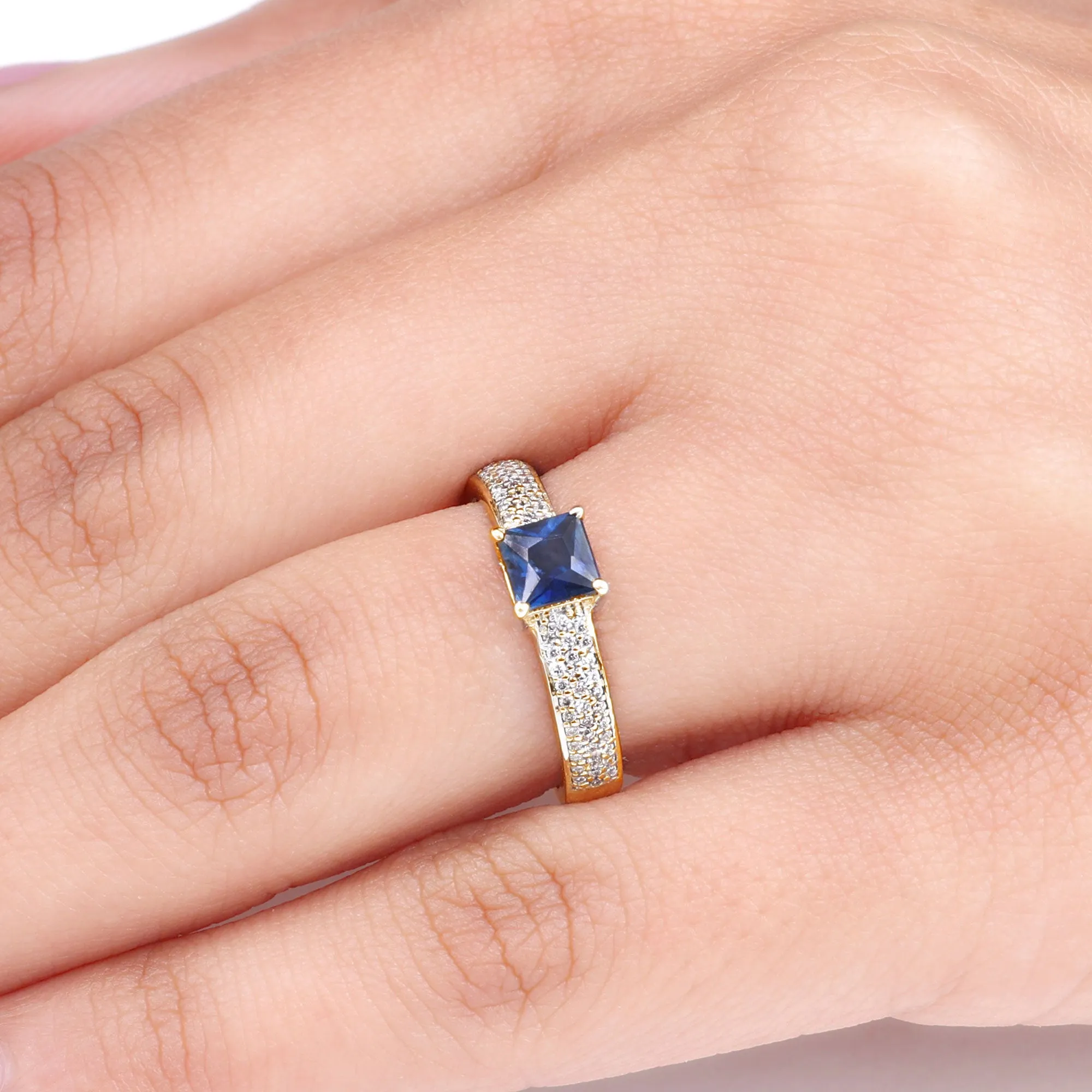 Created Blue Sapphire Solitaire Engagement Ring with Diamond