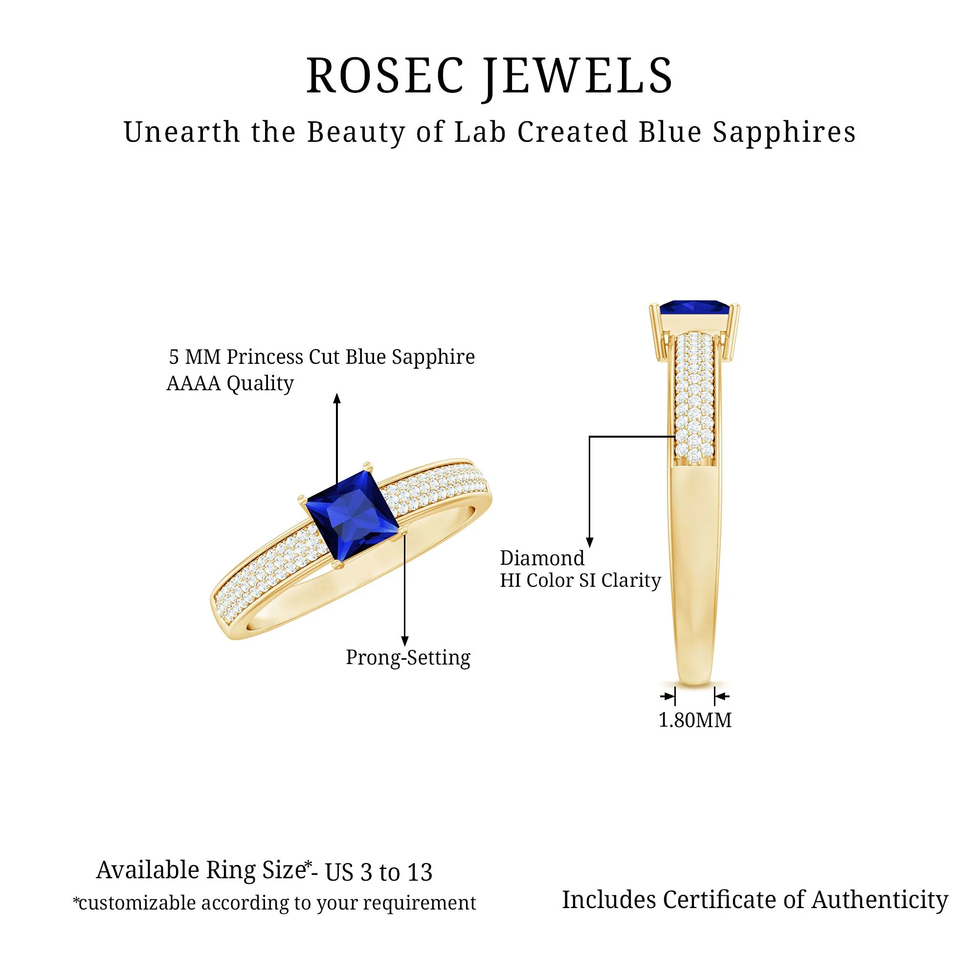 Created Blue Sapphire Solitaire Engagement Ring with Diamond