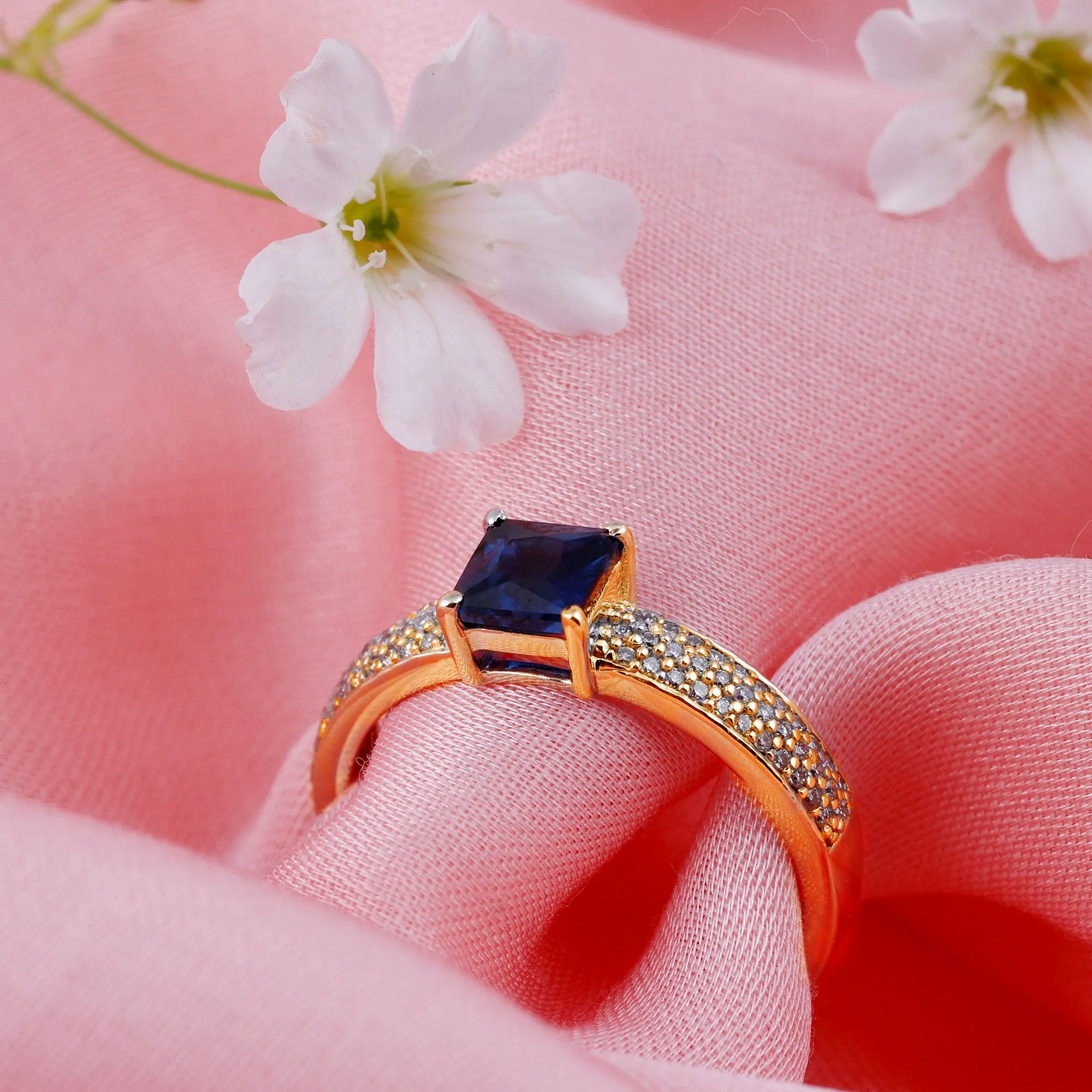 Created Blue Sapphire Solitaire Engagement Ring with Diamond