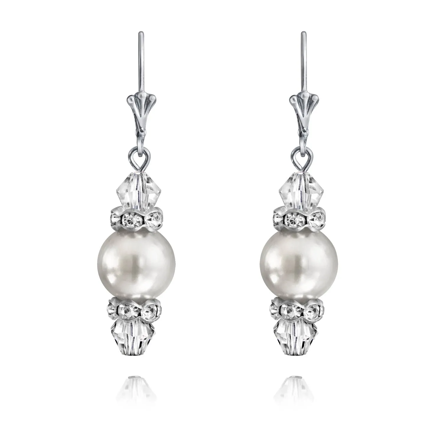 Crystal Drop Lever back Imitation Pearl Dangle Earring Sterling Silver