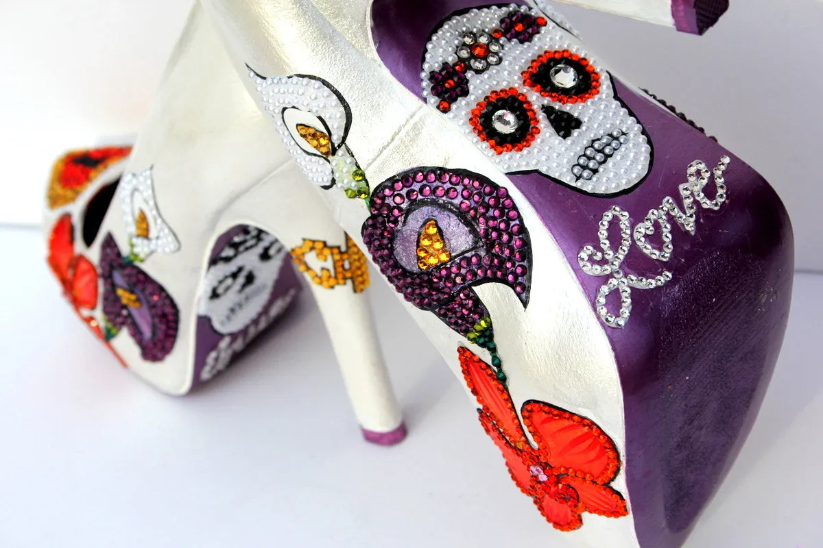 Crystal Sugar Skull, Heart Locket & Key Heels