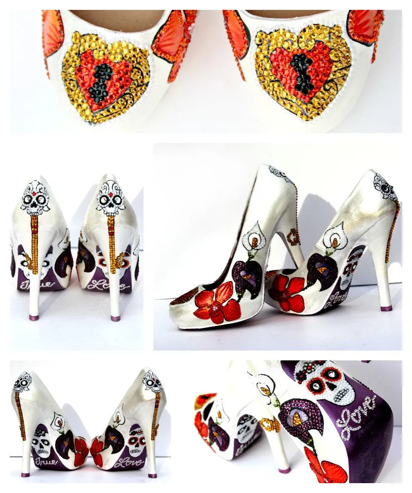 Crystal Sugar Skull, Heart Locket & Key Heels