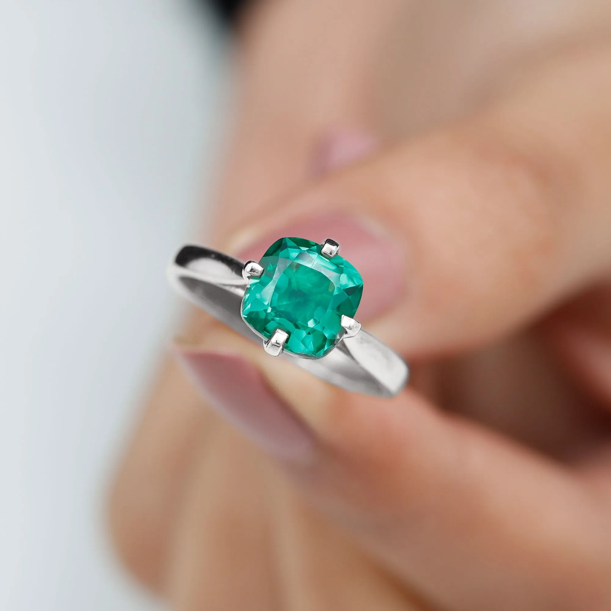 Cushion Cut Lab Grown Emerald Solitaire Engagement Ring