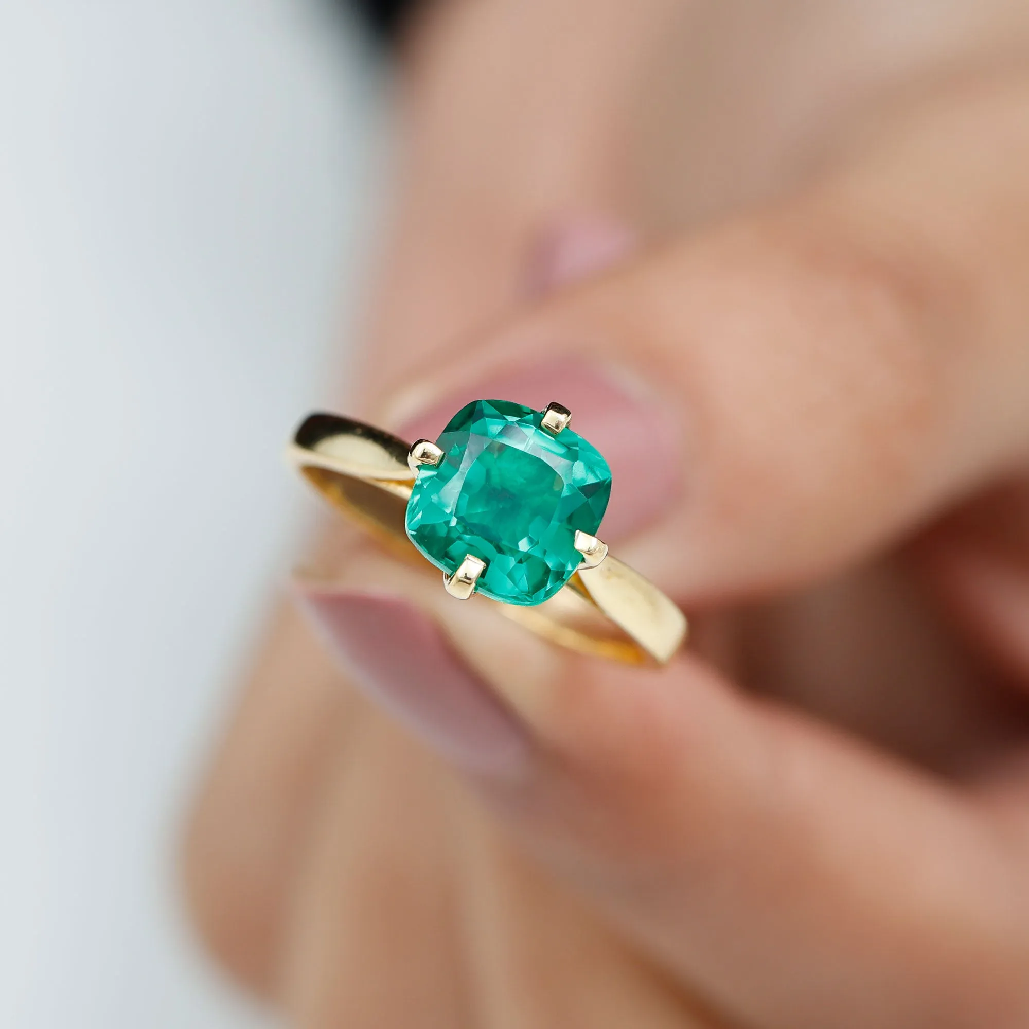 Cushion Cut Lab Grown Emerald Solitaire Engagement Ring
