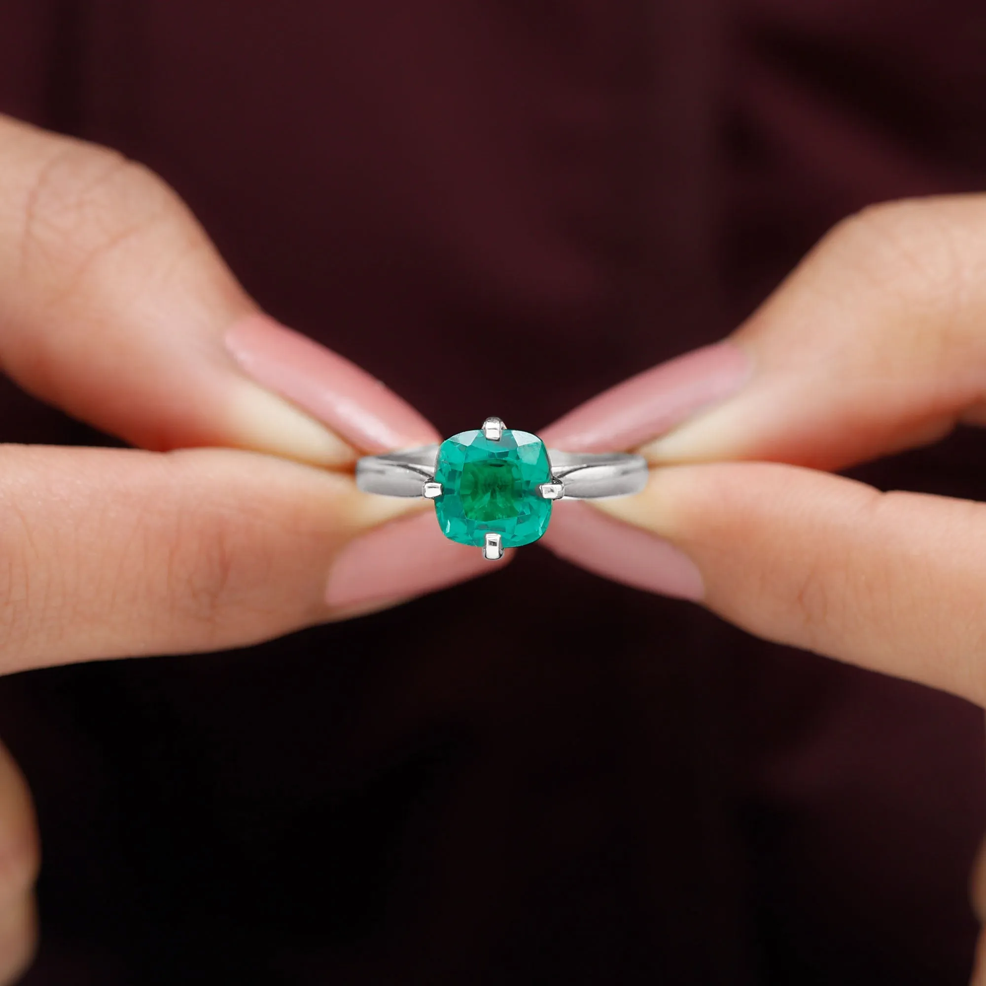 Cushion Cut Lab Grown Emerald Solitaire Engagement Ring