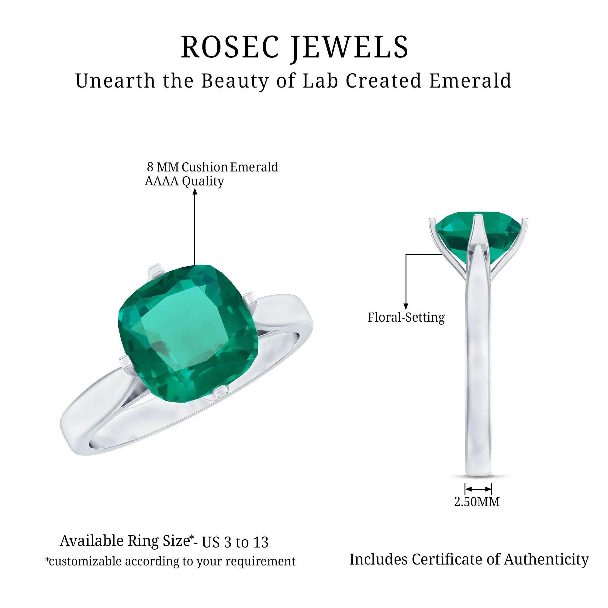 Cushion Cut Lab Grown Emerald Solitaire Engagement Ring