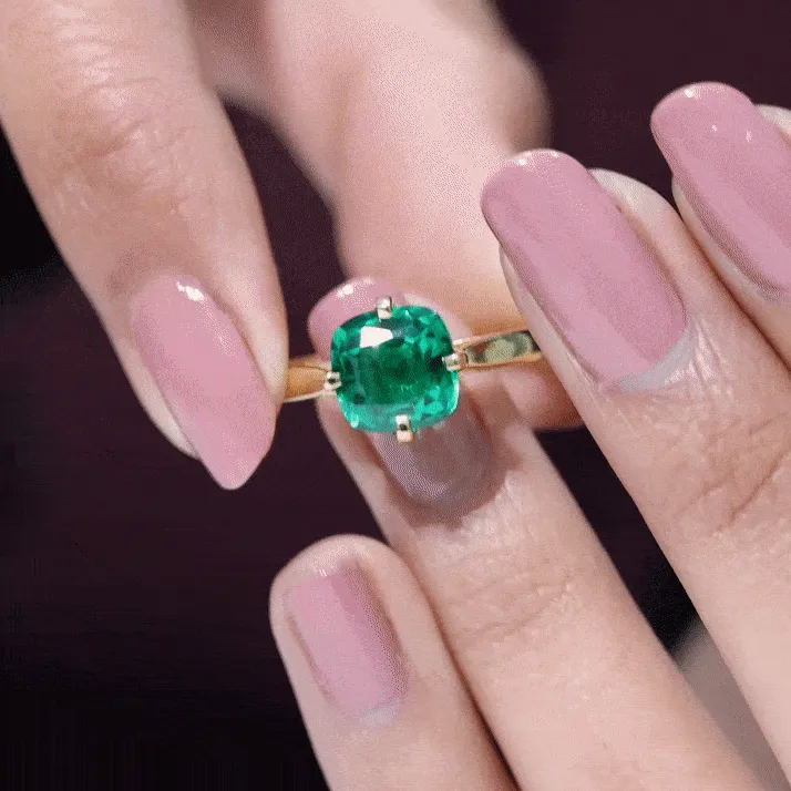 Cushion Cut Lab Grown Emerald Solitaire Engagement Ring