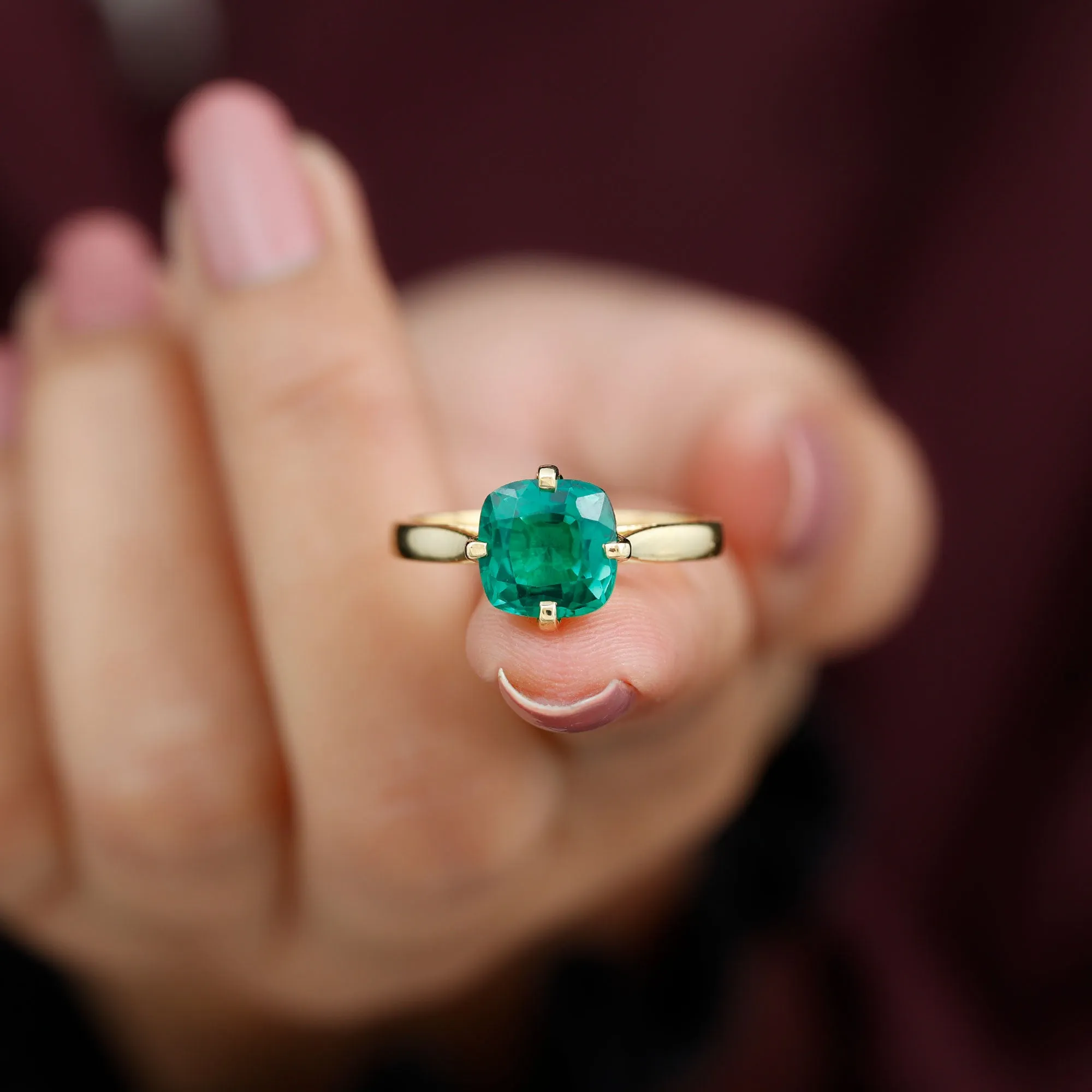 Cushion Cut Lab Grown Emerald Solitaire Engagement Ring
