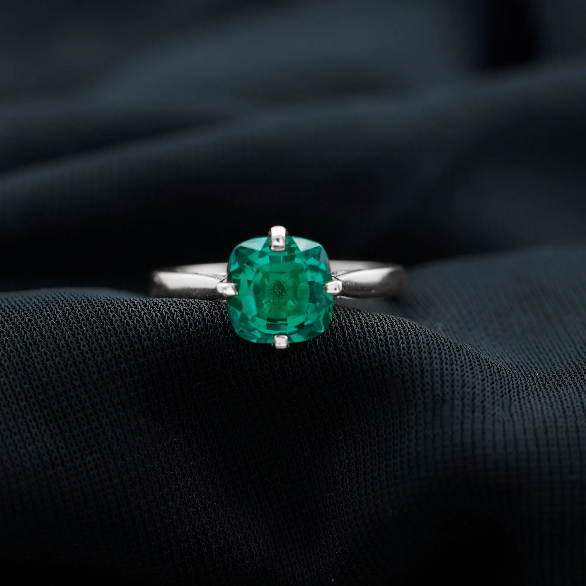 Cushion Cut Lab Grown Emerald Solitaire Engagement Ring