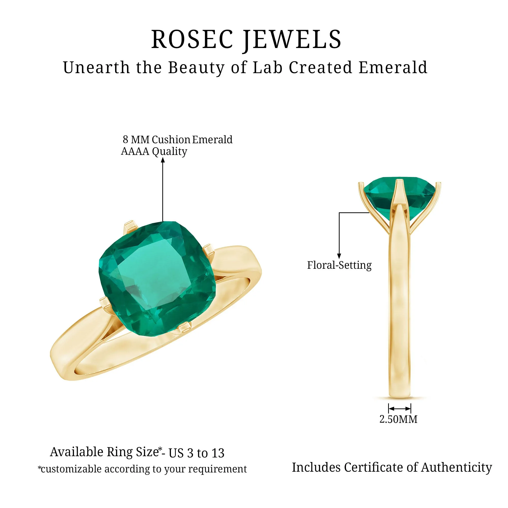 Cushion Cut Lab Grown Emerald Solitaire Engagement Ring