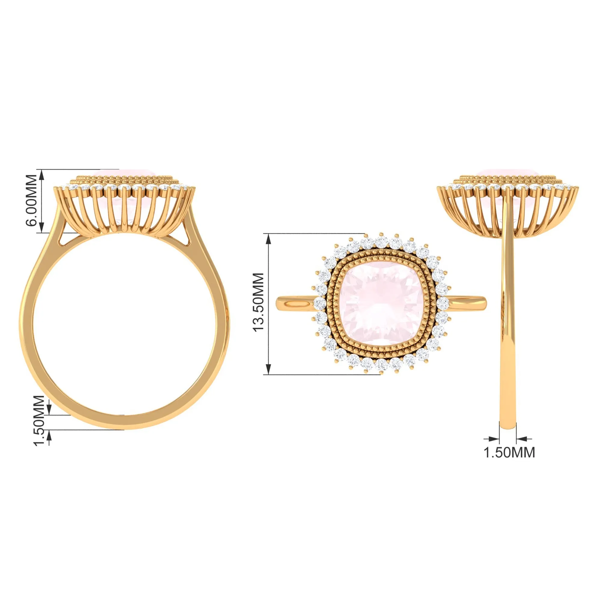 Cushion Cut Rose Quartz Statement Engagement Ring with Diamond Halo