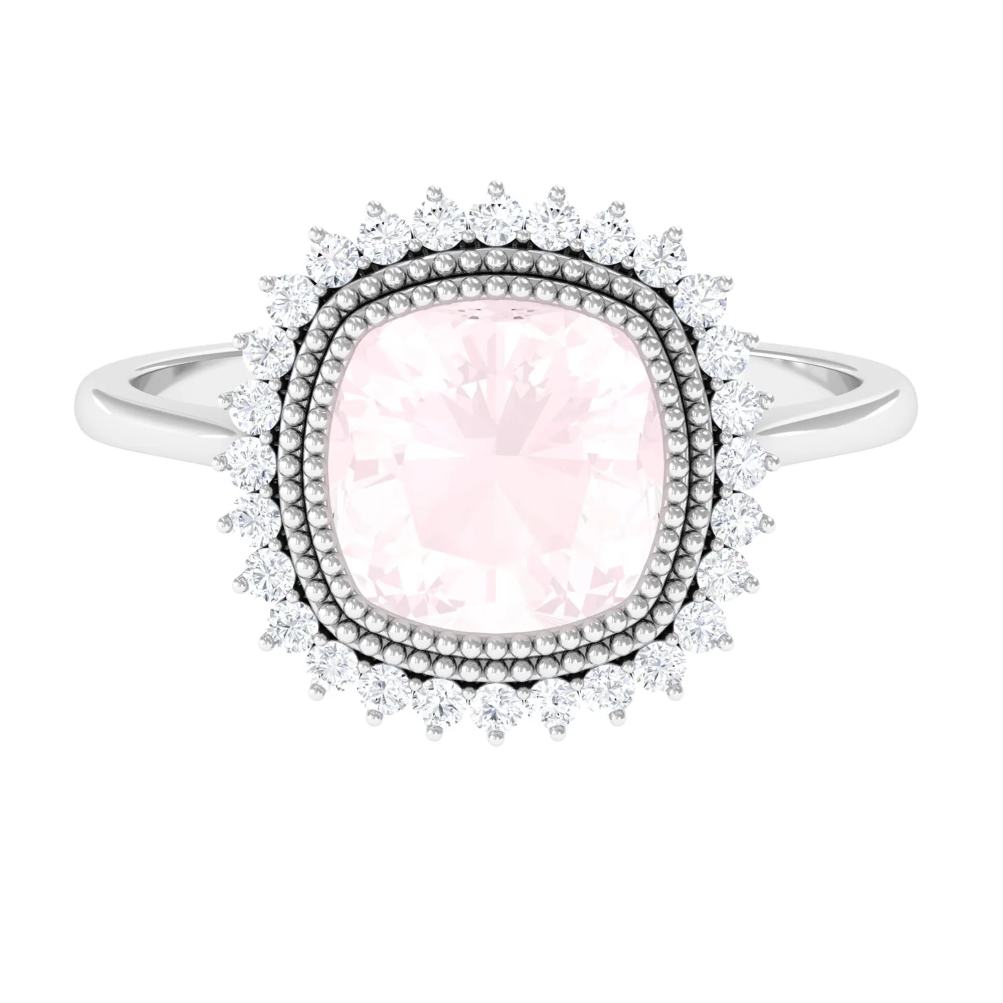 Cushion Cut Rose Quartz Statement Engagement Ring with Diamond Halo