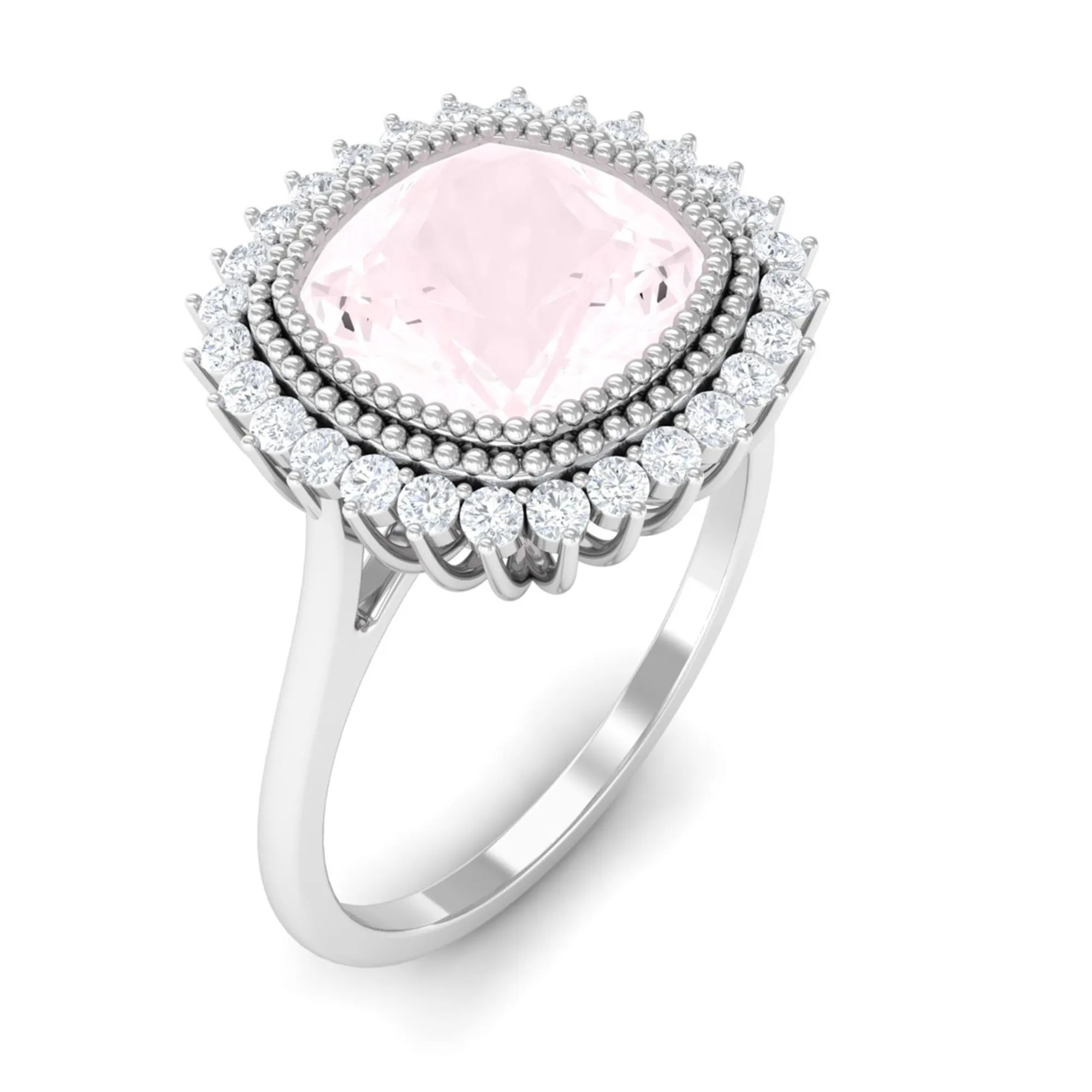Cushion Cut Rose Quartz Statement Engagement Ring with Diamond Halo
