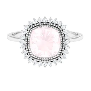 Cushion Cut Rose Quartz Statement Engagement Ring with Diamond Halo