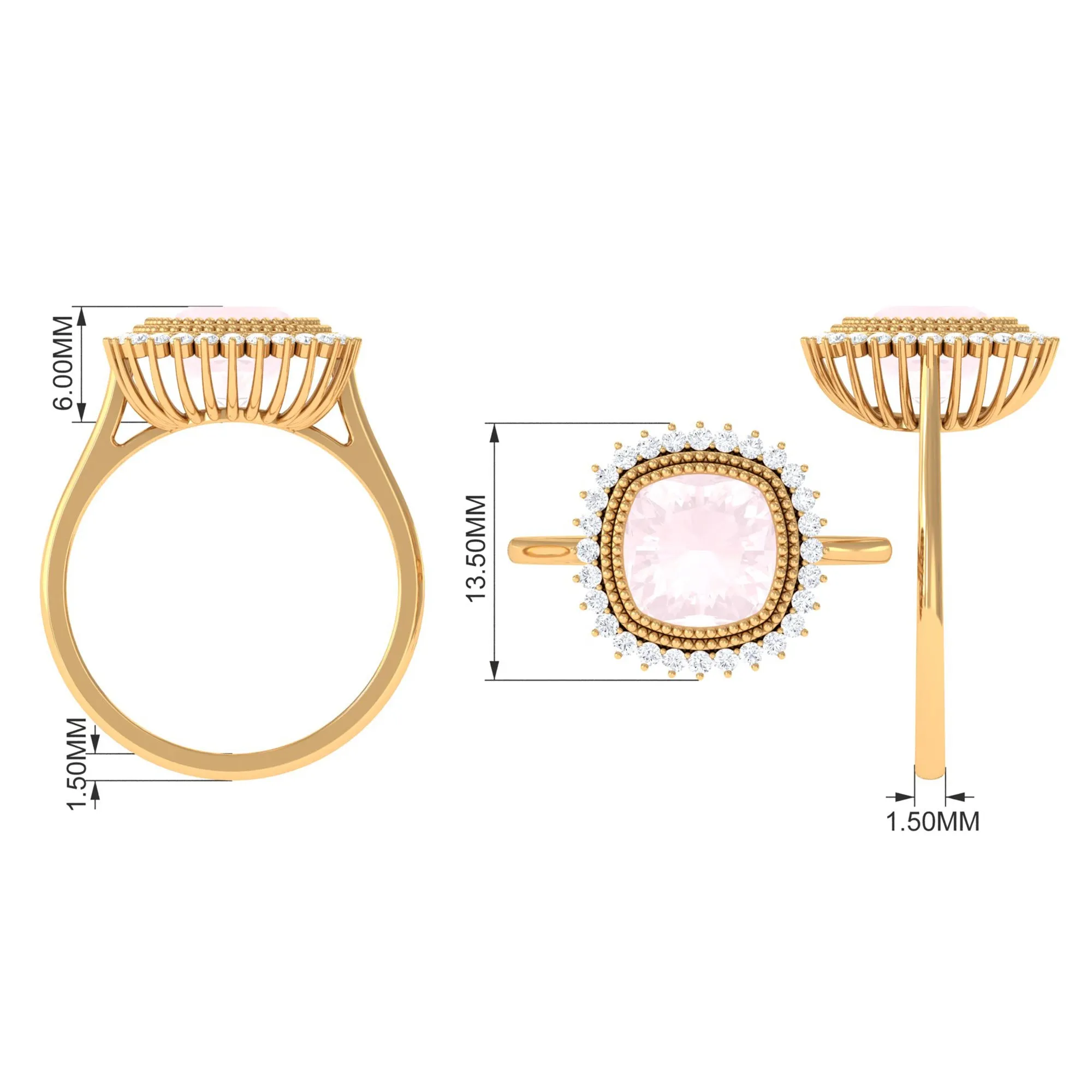 Cushion Cut Rose Quartz Statement Engagement Ring with Diamond Halo