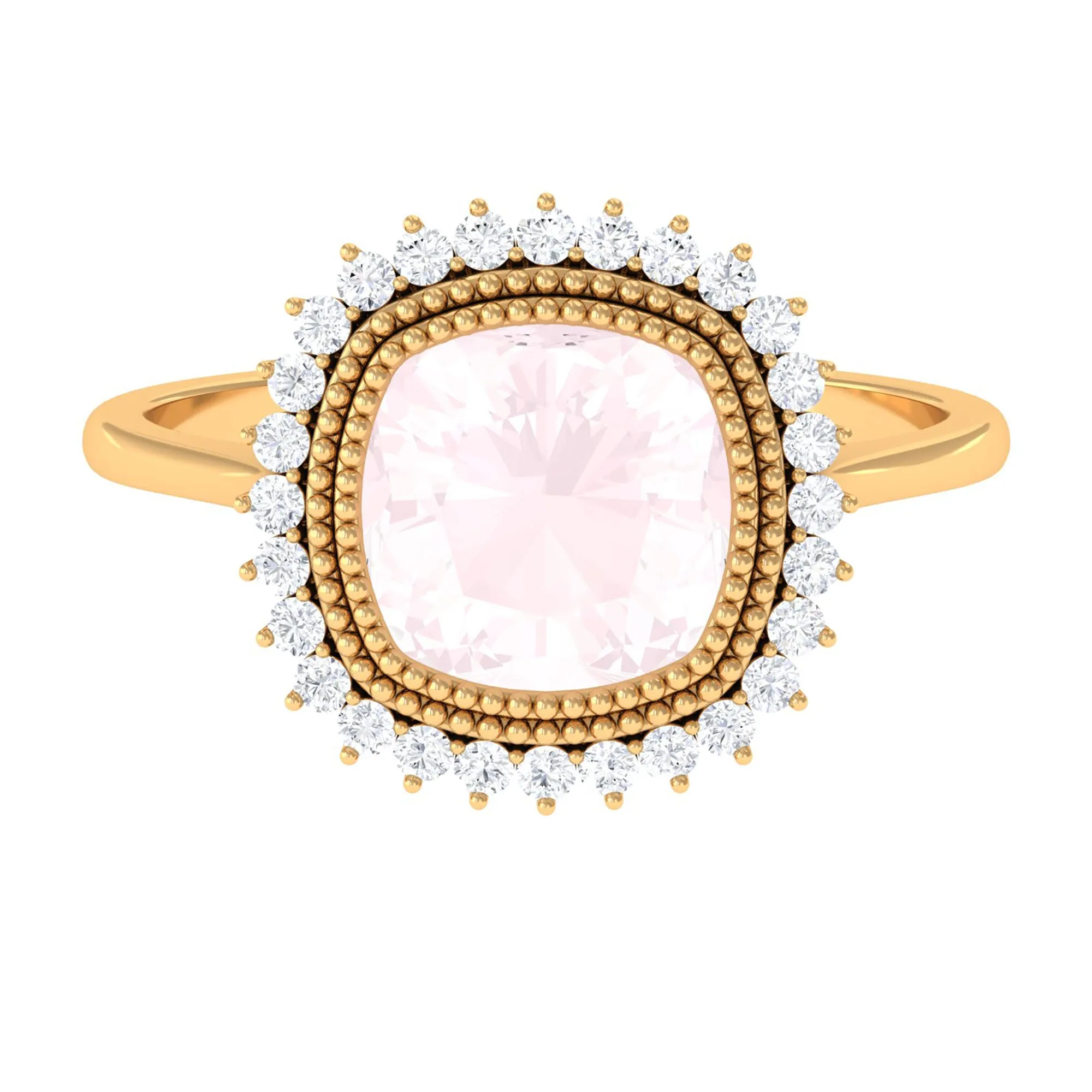 Cushion Cut Rose Quartz Statement Engagement Ring with Diamond Halo
