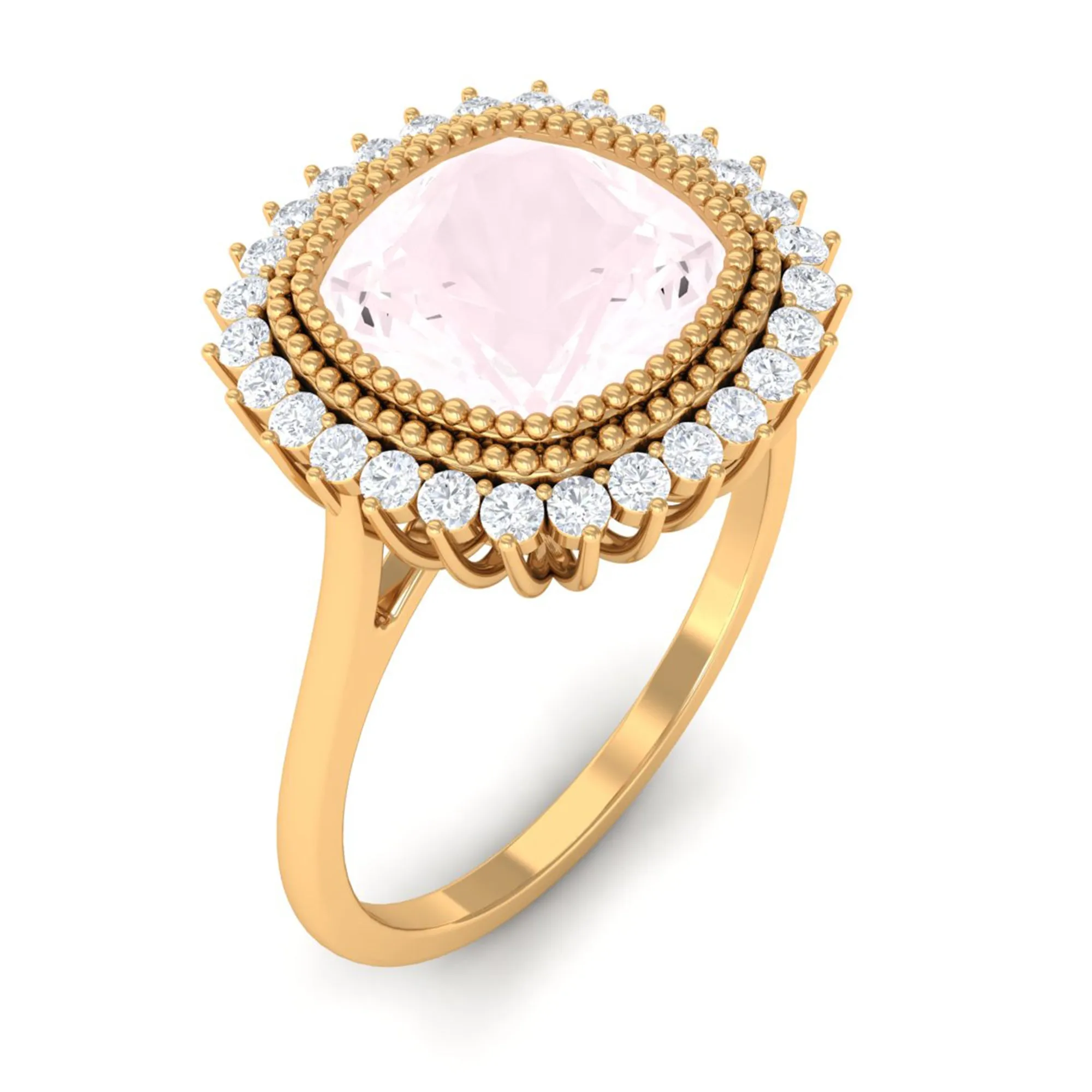 Cushion Cut Rose Quartz Statement Engagement Ring with Diamond Halo
