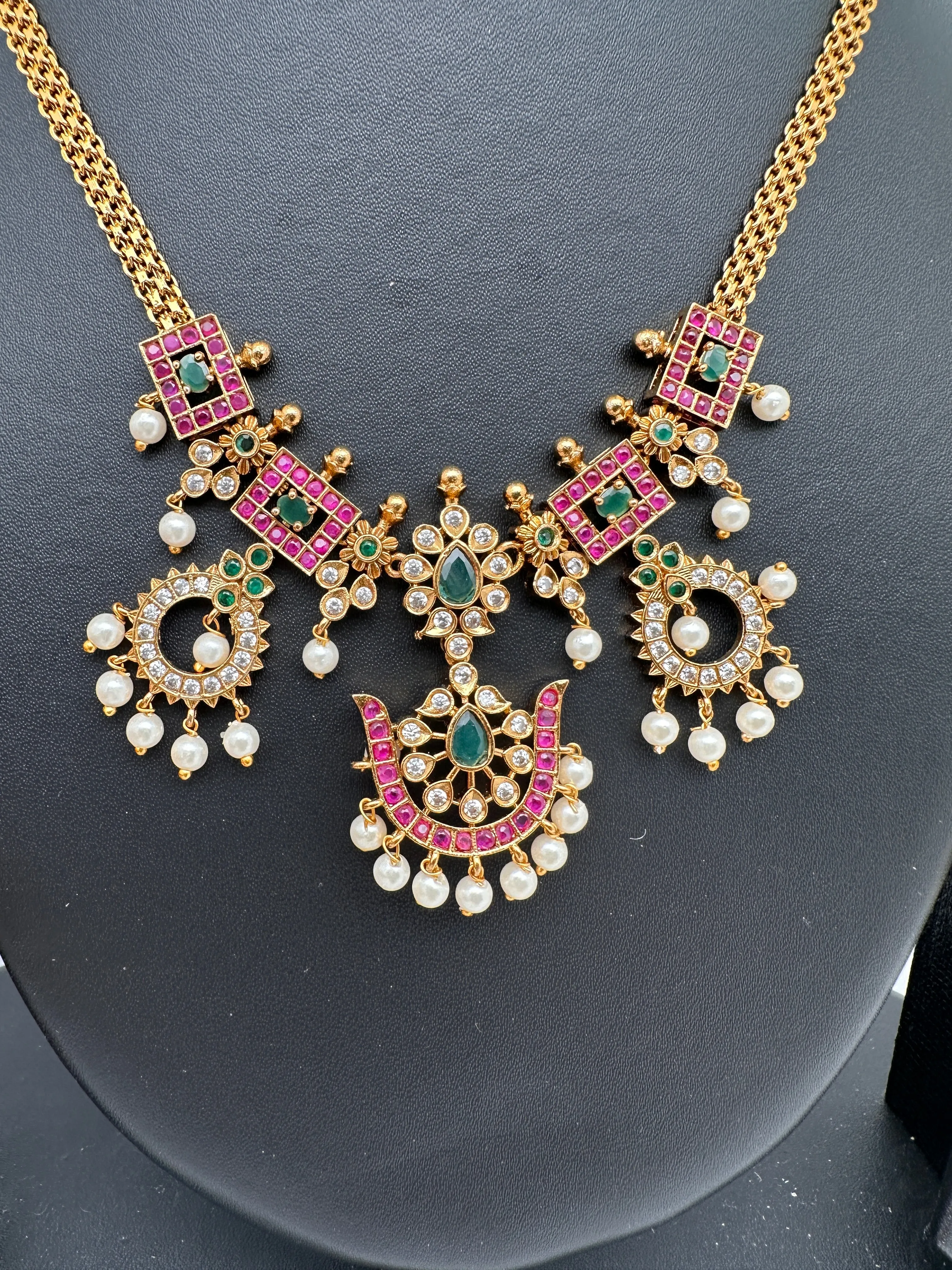 CZ Red Green Stone Chain Style Dainty Necklace