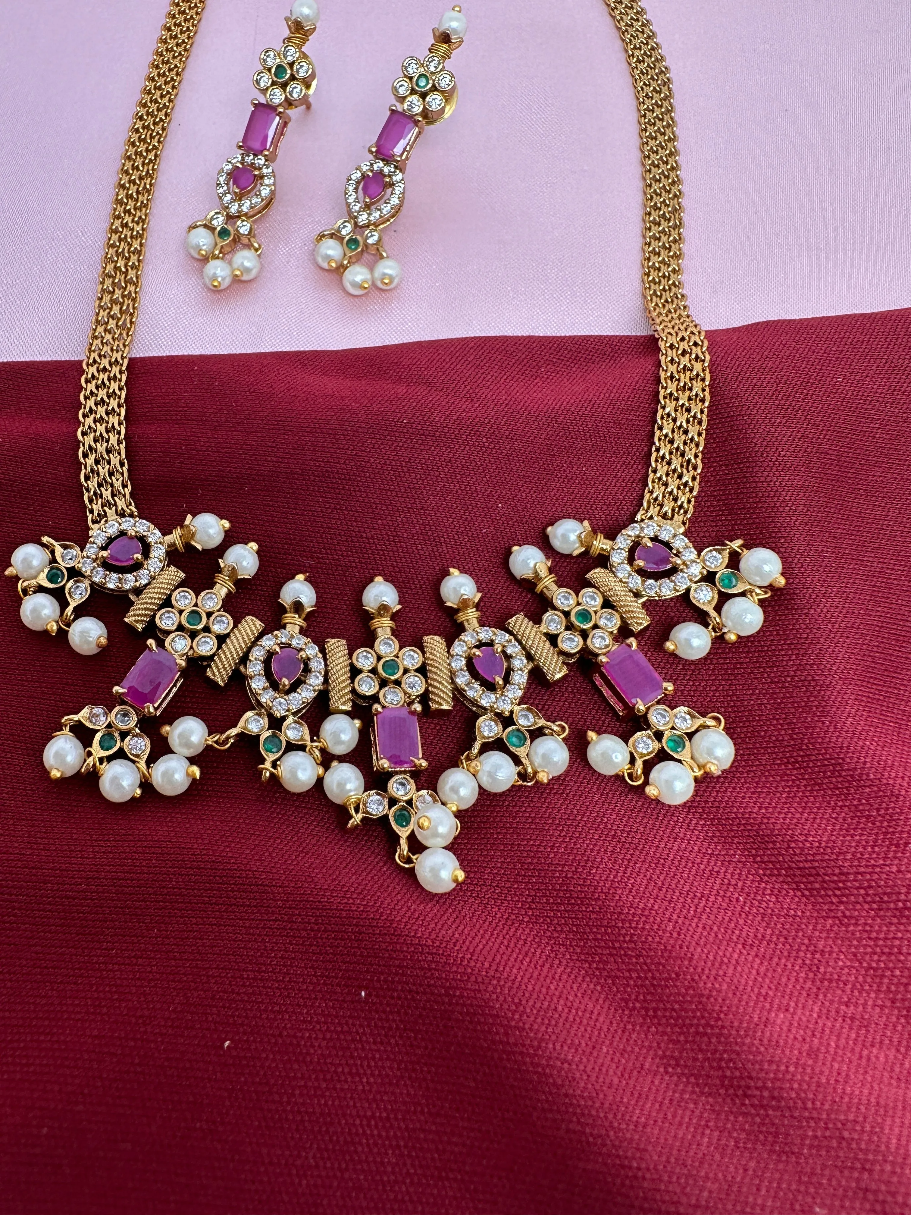CZ Red Green Stone Chain Style Matte Finish Dainty Necklace