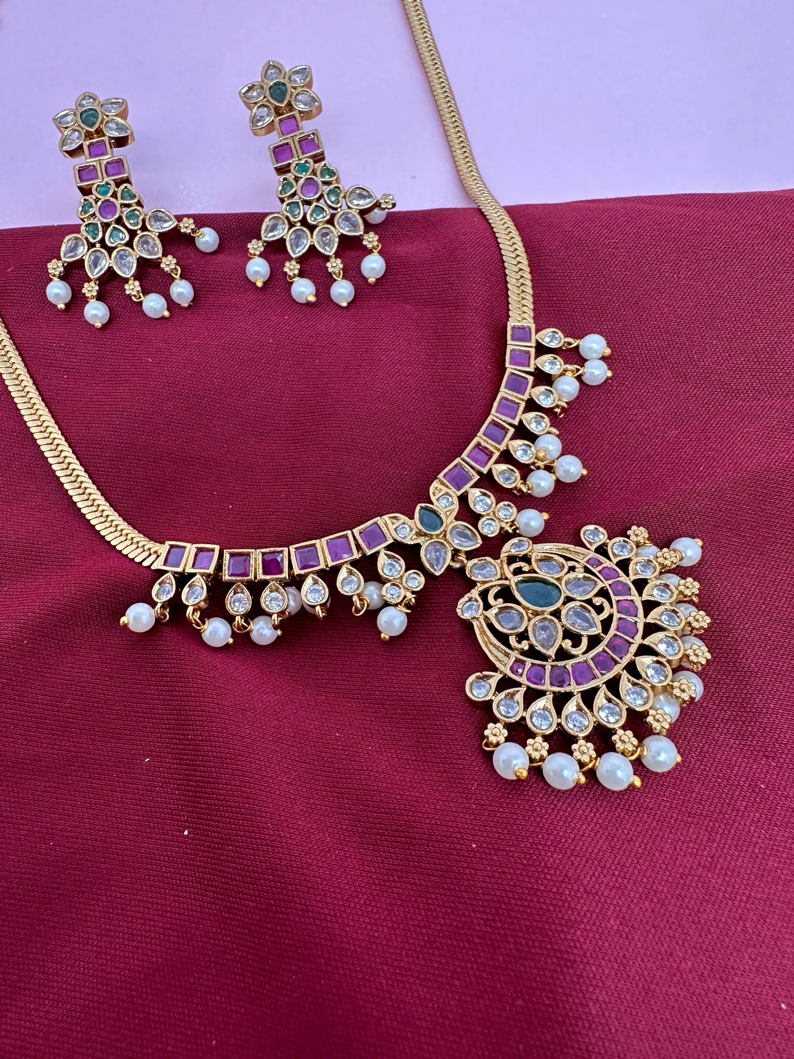CZ Red Green Stone Dainty Necklace
