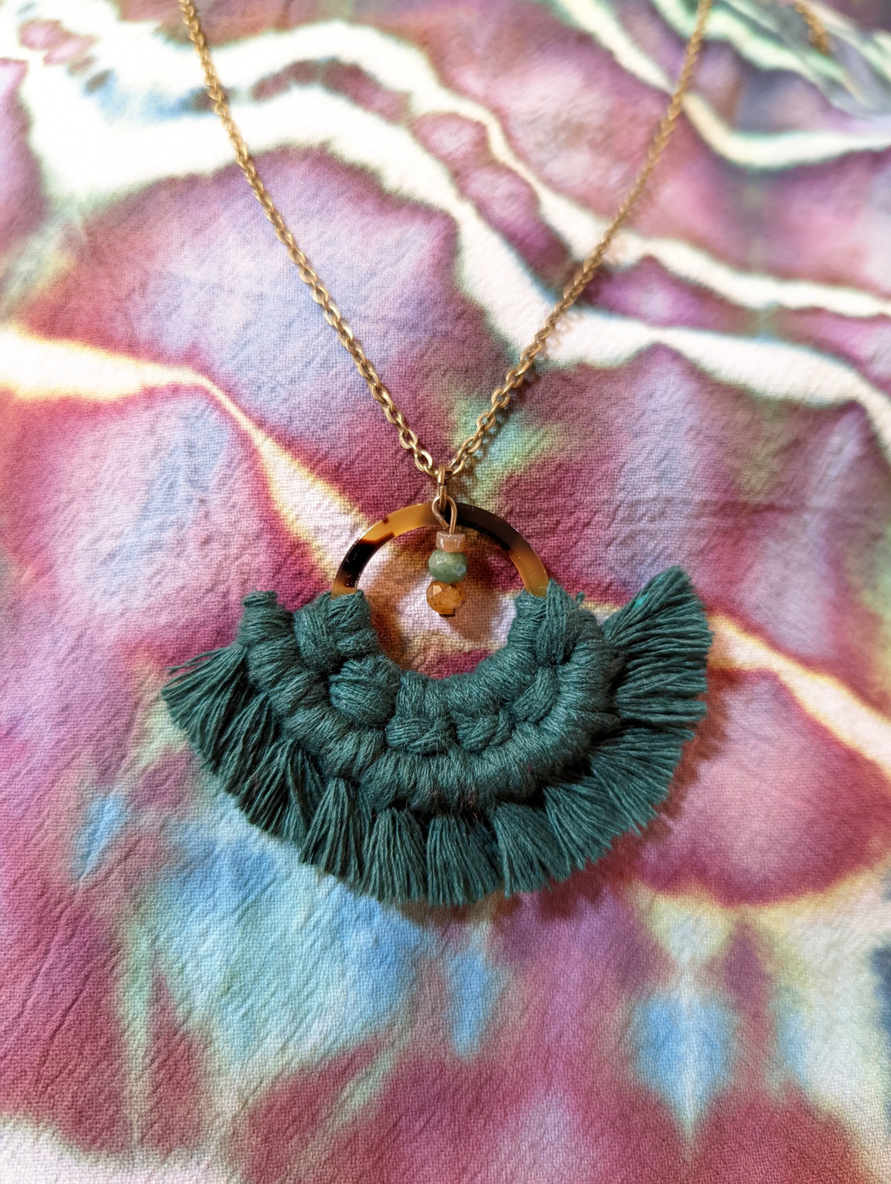 Dark Green on Amber Tortoise Shell Ring with Tourmaline & Citrine Stone Accent Necklace