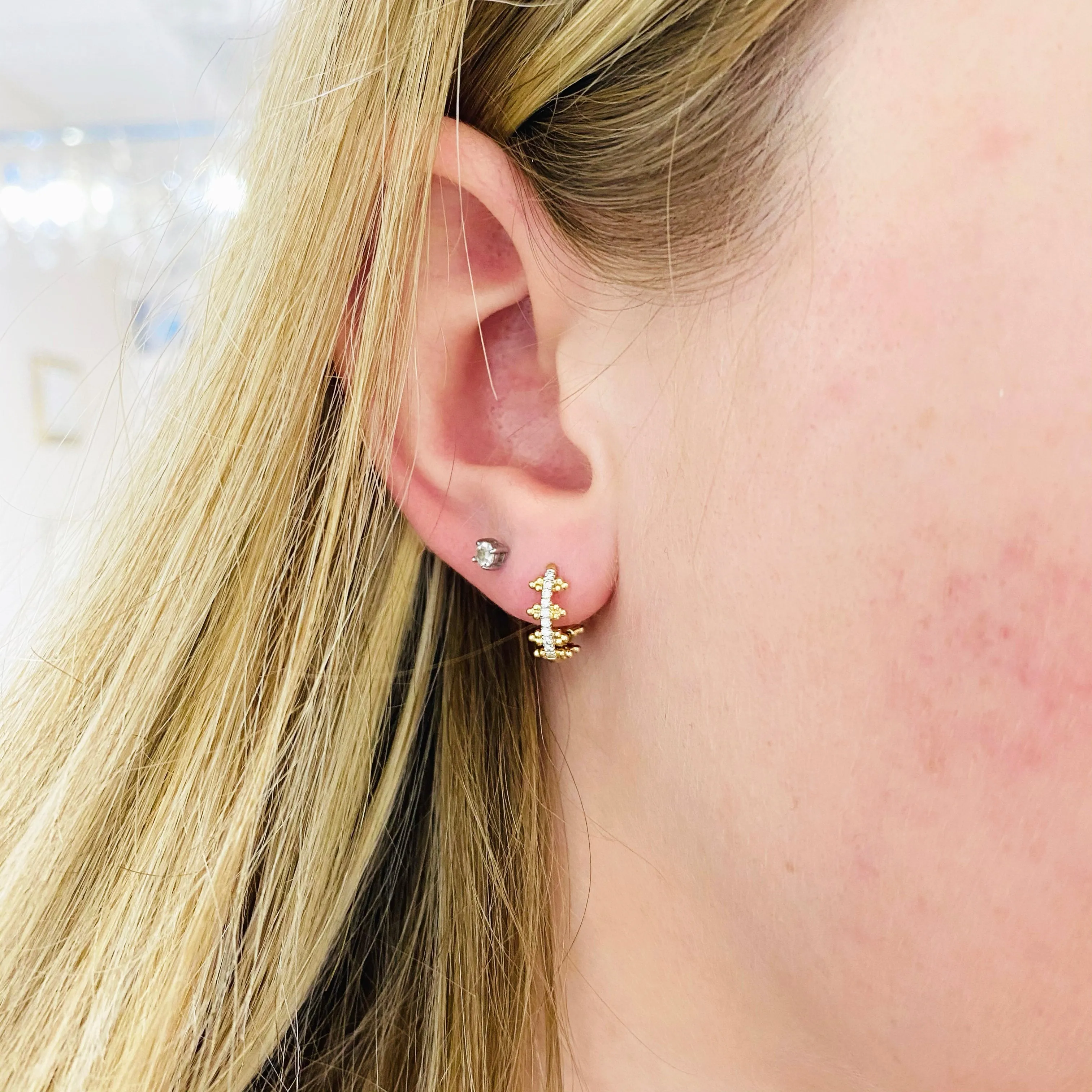 Diamond & Gold Beaded Huggie Earrings