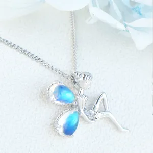 Fairy Blue Moonstone Pendant Necklace White Gold Plated Sterling Silver Necklace For Women
