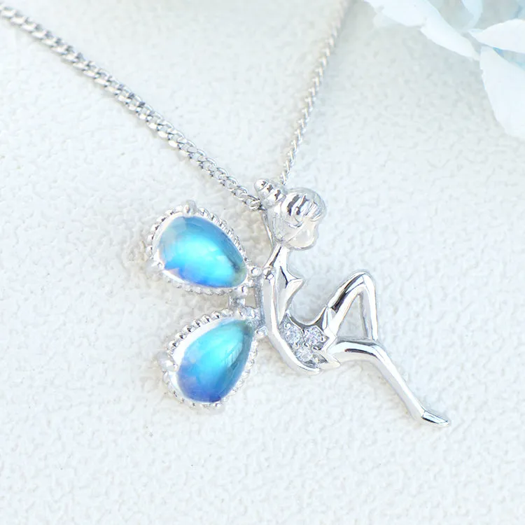 Fairy Blue Moonstone Pendant Necklace White Gold Plated Sterling Silver Necklace For Women