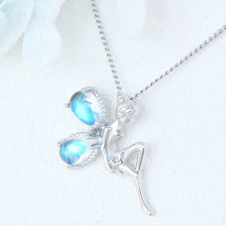 Fairy Blue Moonstone Pendant Necklace White Gold Plated Sterling Silver Necklace For Women
