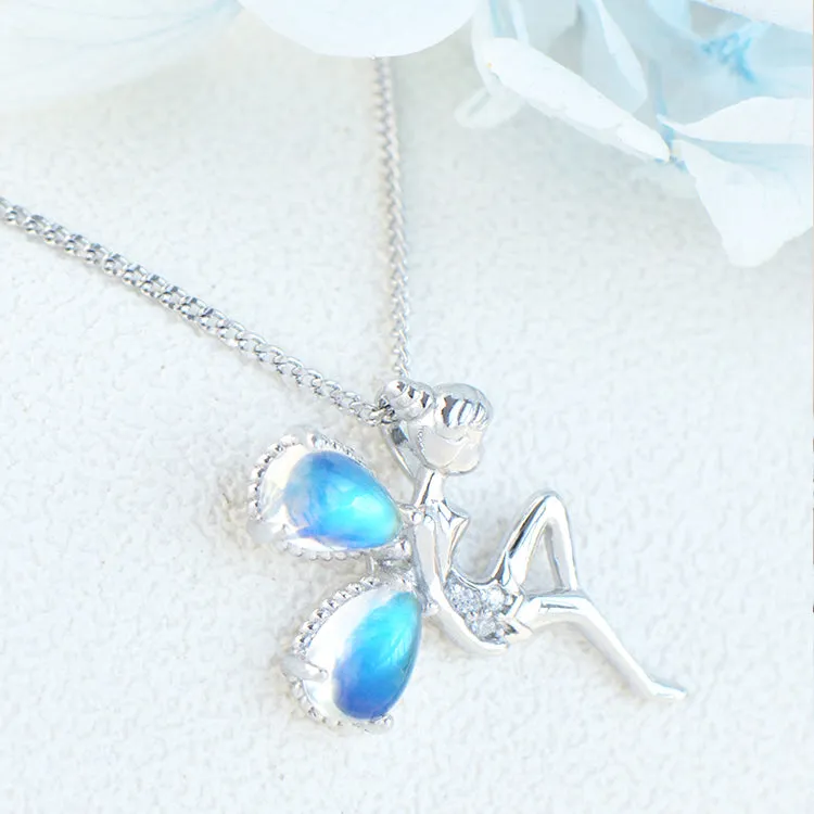 Fairy Blue Moonstone Pendant Necklace White Gold Plated Sterling Silver Necklace For Women
