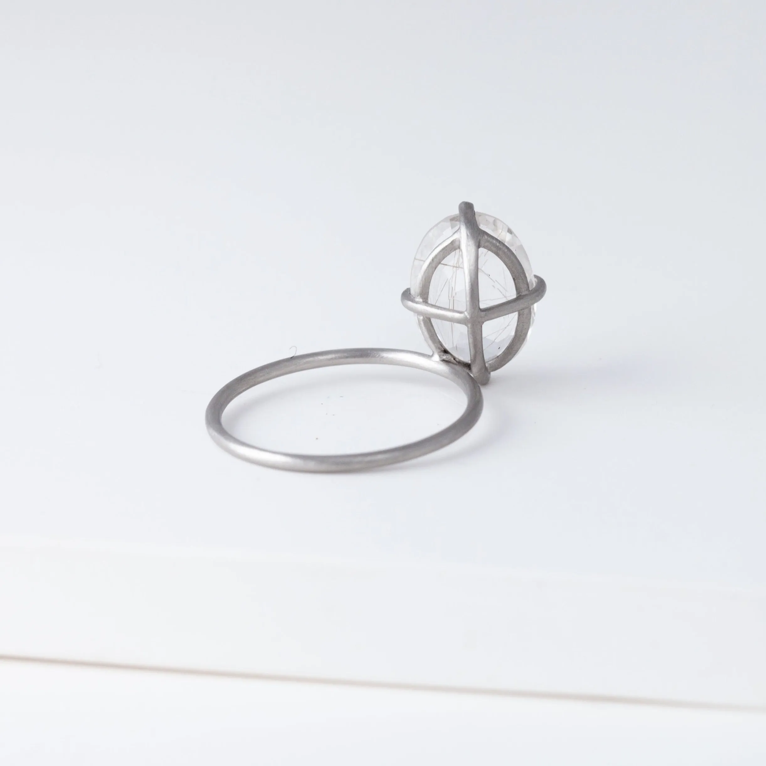 Fall in drop rutilated quartz ring - Platinum