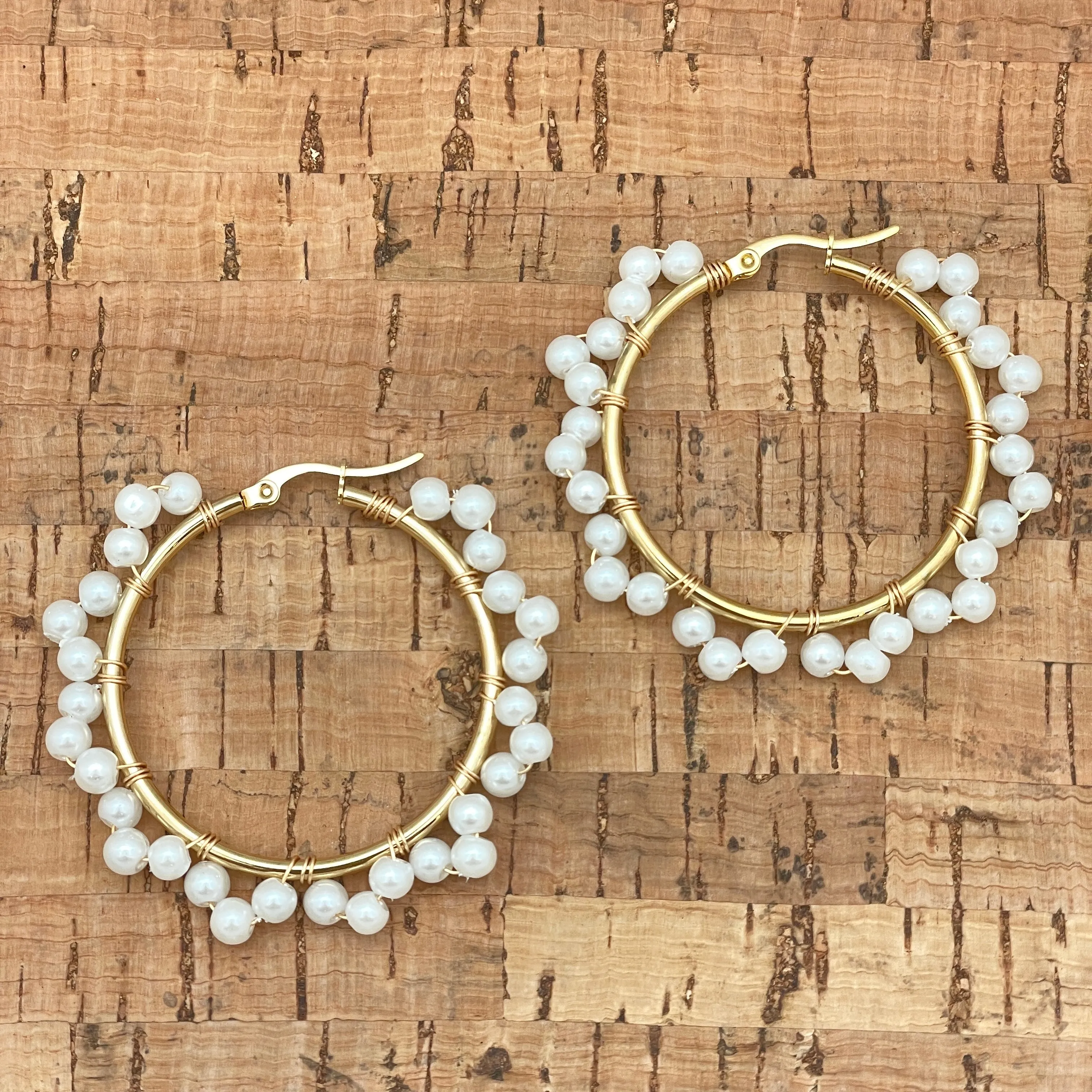 Faux Pearl Wrapped Hoop Earrings