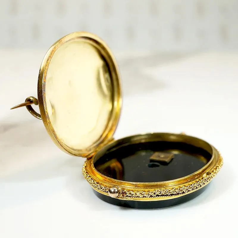 Fine Mourning Locket Brooch in 18k Onyx & Diamond