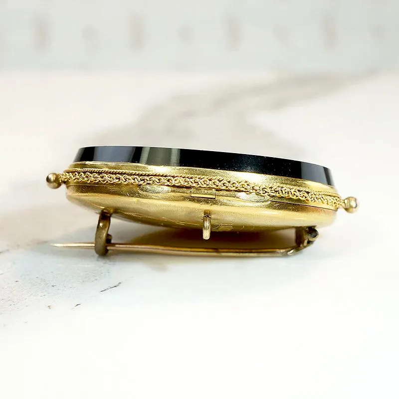 Fine Mourning Locket Brooch in 18k Onyx & Diamond