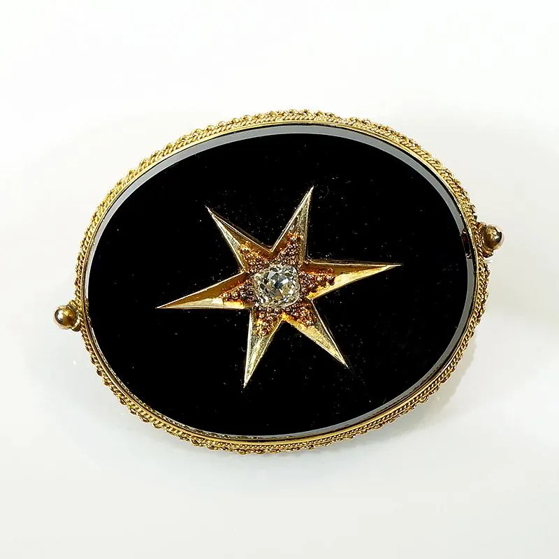 Fine Mourning Locket Brooch in 18k Onyx & Diamond